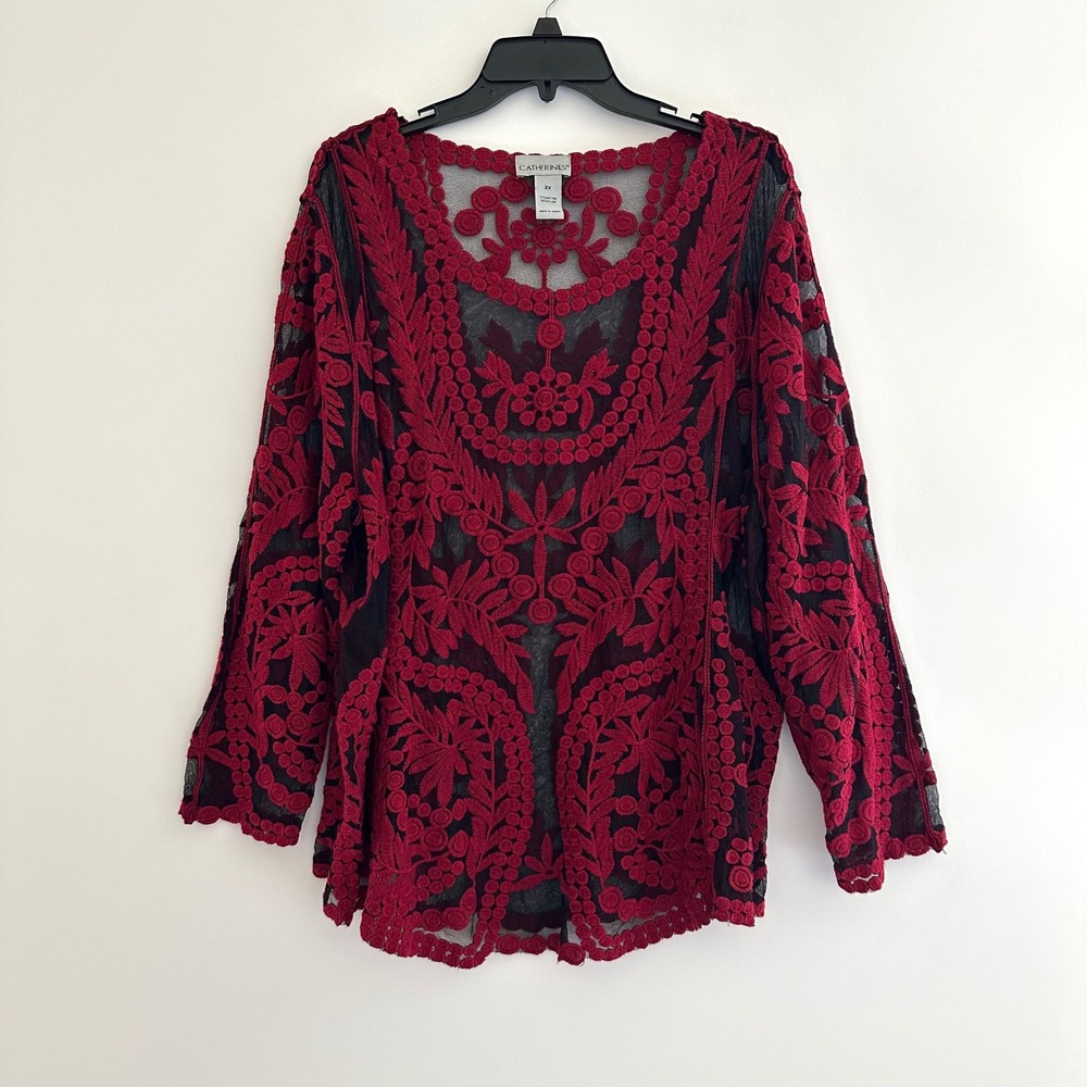 Catherines Red Black Mesh Embroidered Floral Top 2X  Boho Long Sleeve Blouse